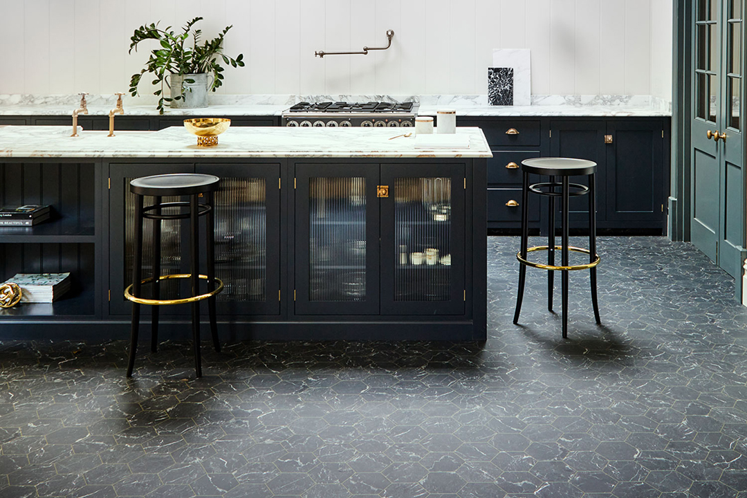 chic black modern kitchen with black vinyl flooring